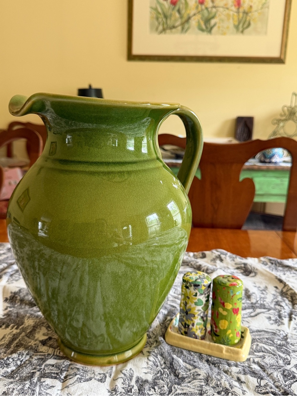Vintage Italian Olive Green glazed ceramic pitcher vase